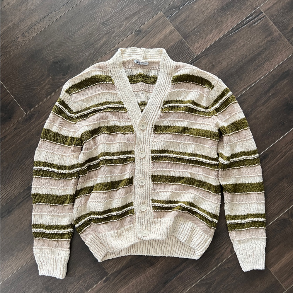 Zara cream color cardigan with green stripes